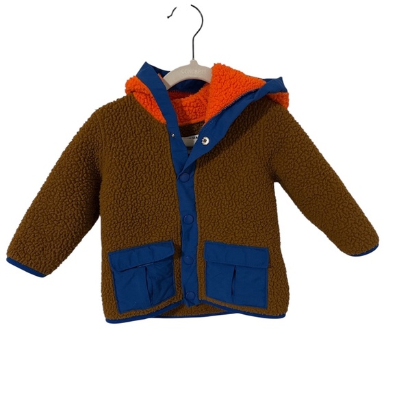 Old Navy Sherpa-Lined Hooded Jacket – Brown/Blue with Orange Lining (Size 12–18 - Picture 1 of 3